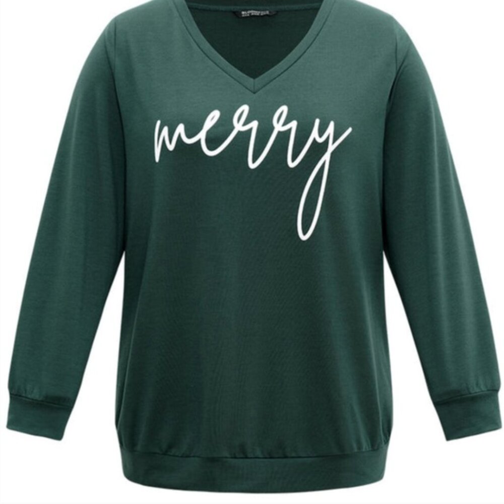 BloomChic Merry V Neck Sweatshirt Womens 5X Green